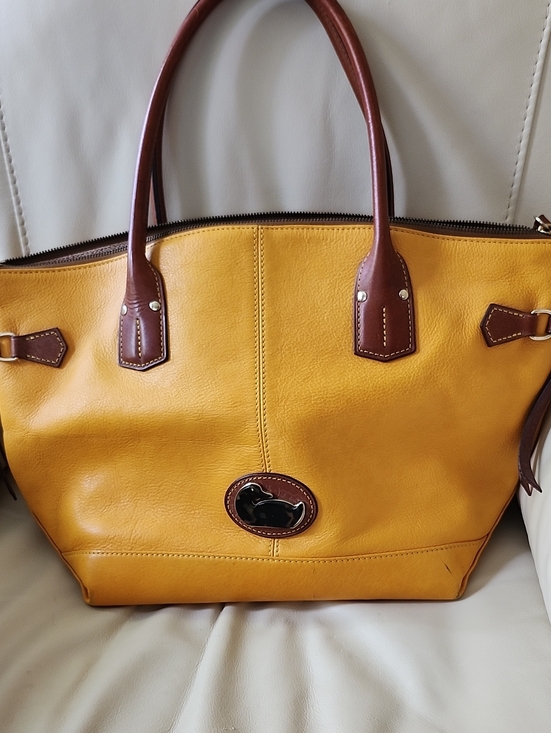 Dooney & Bourke Handbags - Dooney & Bourke Yellow Leather Tote with Brown Trim and Handles
